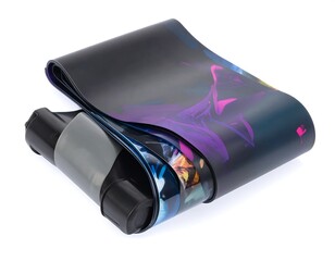 Folded exercise mat with colorful abstract design