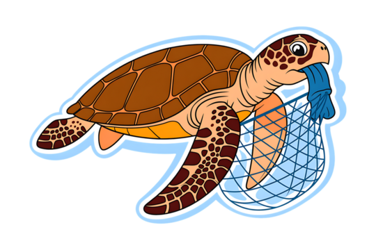 Sea turtle with plastic bag in net, ocean pollution concept