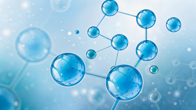 Hyaluronic acid molecules, 3D molecular chemical structure formula, abstract glass spheres. Hydration concept, anti-aging skincare, collagen, beauty. Cosmetic ingredients, biotechnology, dermatology 
 - Powered by Adobe