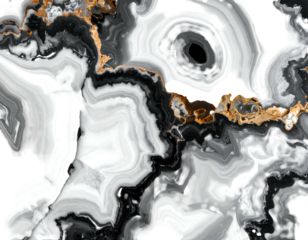 Abstract patterns with flowing bands of white, gray, black and orange, simulating natural mineral formations