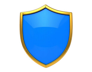 Blue shield with golden trim, isolated on black background. Glossy texture; simple, classic design