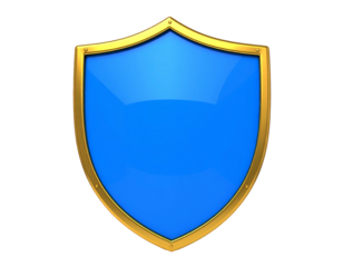 Blue shield with golden trim, isolated on black background. Glossy texture; simple, classic design