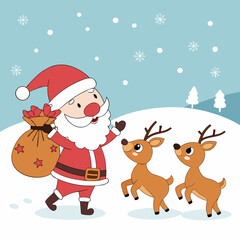 Festive santa and reindeer delivering a gift illustration