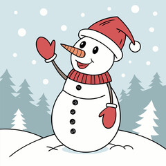 Cute snowman wearing a santa hat and gloves for winter holidays