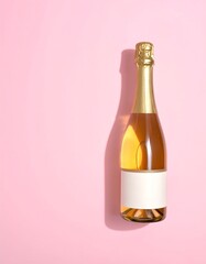 Close-up of a bottle with foil and a blank label on a pink surface