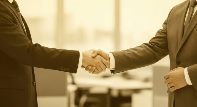 A sepia-toned image of two business partners shaking hands, symbolizing a timeless agreement and a strong foundation in a blurred office setting.