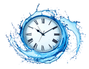 Clock face with Roman numerals encompassed in swirling, dynamic blue water splash on black