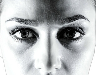 Black and white close-up of a woman's face, emphasizing her intense eyes and eyebrows