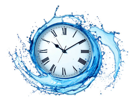 Clock face with Roman numerals encompassed in swirling, dynamic blue water splash on black
