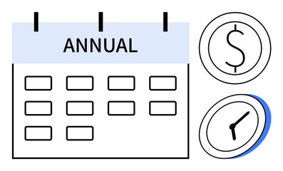 Annual calendar grid, dollar sign, and clock emphasize financial planning, savings, investment, time management, goal setting, scheduling, and efficient resource allocation in a simple flat metaphor