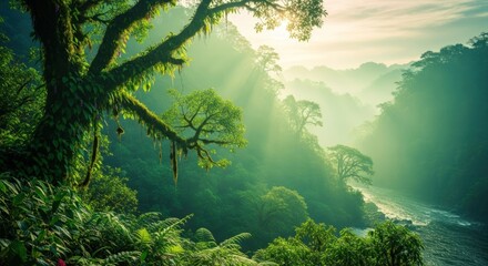 Obraz premium Misty Rainforest Canopy with Sunbeams Filtering Through Lush Green Foliage.