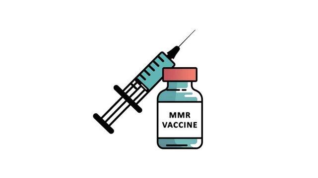 MMR vaccine bottle with syringe animation illustrating measles, mumps, and rubella prevention through immunization and healthcare awareness on white background