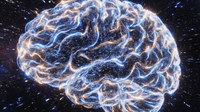 Astral human brain illustration in the dark night shows a vivid blue pattern of light and energy like distant lightning