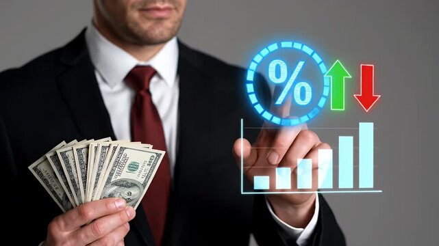 Successful Businessman Holding Cash with Projected Percentage Graph and Arrow Illustrations on a Gray Background