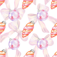Seamless pattern of christmas tree toy glass balls, cones and bows. For fabric, wallpaper, packing paper, greeting cards, design, decoration and illustration.