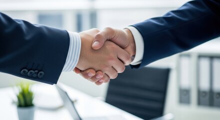Close-up of a business handshake in navy suits over a white desk with a laptop, signifying a sealed deal in a bright, contemporary corporate workspace.