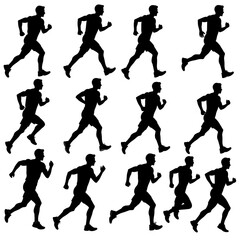 Black silhouettes of running men, arranged in a grid, isolated on white