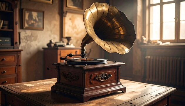 Antique gramophone with golden horn in a dimly lit, vintage room