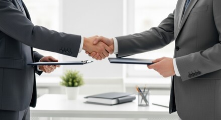 Two business professionals in grey suits shaking hands while exchanging clipboards, symbolizing the completion of a successful deal and mutual agreement in an office.
