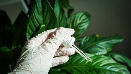 Scientist Hand with Dropper on Green Leaf