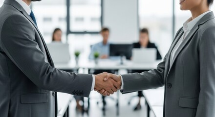 A businessman and businesswoman in matching grey suits shake hands to confirm a partnership, with their team working in the background of a modern open-plan office.