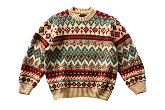 A classic and intricate fair isle sweater isolated on transparent background, perfect for adding a touch of heritage and warmth to any winter wardrobe, showcasing timeless design