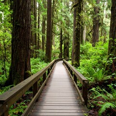 Obraz premium Wooden walkway through lush rainforest