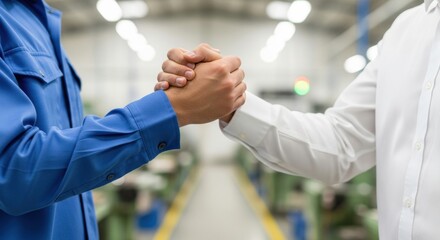 A strong handshake of solidarity between a factory employee and his boss, representing mutual respect and successful collaboration in an industrial environment.