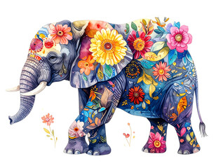Colorful elephant illustration adorned with floral patterns against a black background, watercolor-style rendering