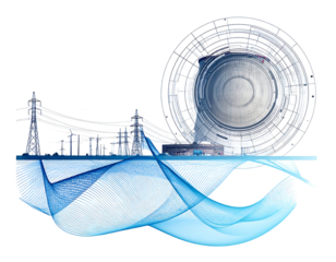 Abstract scene featuring a power plant, transmission lines, and a large, swirling technological circle element