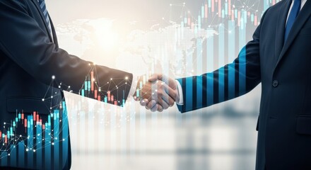Two businessmen shake hands in a double exposure with glowing stock market graphs and a world map, representing a successful international trade agreement and financial boom.