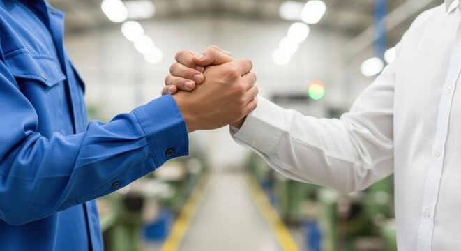 A strong handshake of solidarity between a factory employee and his boss, representing mutual respect and successful collaboration in an industrial environment.