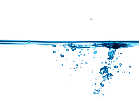 Blue water line with bubbles rising against a stark black backdrop, creating a striking contrast