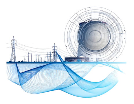 Abstract scene featuring a power plant, transmission lines, and a large, swirling technological circle element