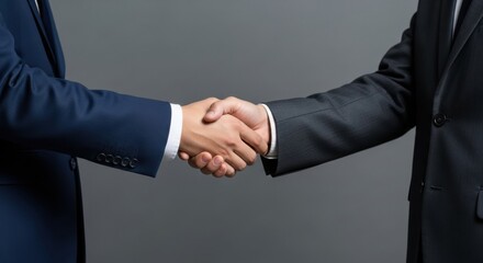 Two anonymous businessmen in formal blue and grey suits shake hands, symbolizing a corporate merger or agreement against a plain grey backdrop.