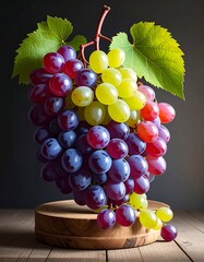 Close-up of a bunch of multicolored grapes on a wooden surface