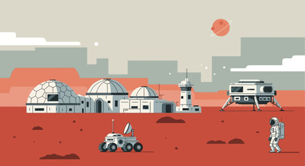Astronaut exploring a futuristic Mars colony with domed habitats and a rover.