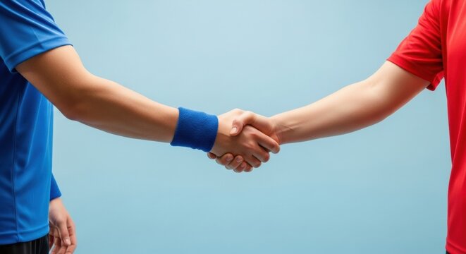 A handshake between two sports competitors in blue and red shirts, one with a wristband, symbolizing respect and fair competition on a studio background.
