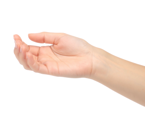Caucasian female's open palm extended upward, isolated on black background, awaiting an offering or symbol of acceptance
