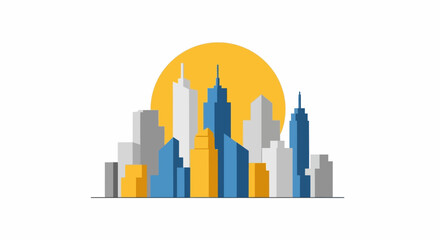 Fototapeta premium Cityscape skyline with skyscrapers and a bright yellow sun in the background.
