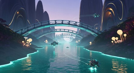 Futuristic Cityscape with Glowing River and Arched Bridge.