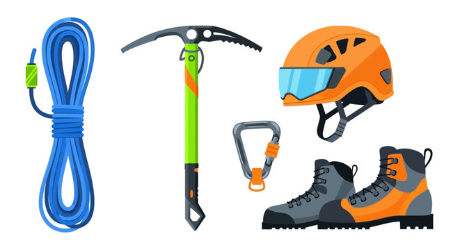 Climbing Gear - Rope, Ice Axe, Helmet, Carabiner, and Boots.