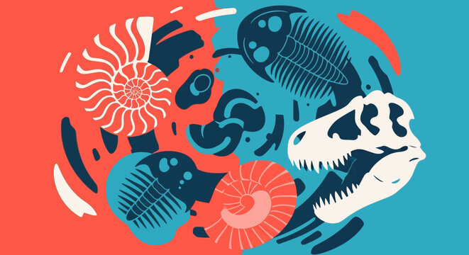 Collection of ancient fossils including dinosaur skull and trilobites.