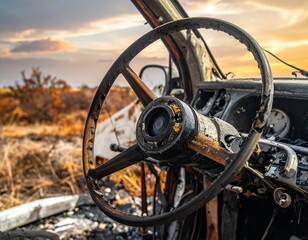 Close-up of a burnt-out vehicle's steering wheel against a sunset