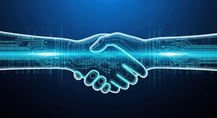A futuristic digital handshake made of glowing blue circuit board lines and binary code, symbolizing a secure technology agreement and virtual partnership.