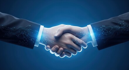 A close-up of a corporate handshake with a futuristic overlay of glowing blue network circuits, symbolizing a secure digital business deal.
