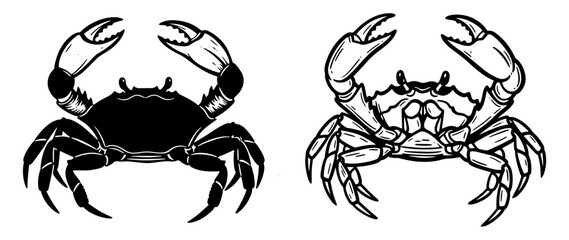 Two crab illustrations, one in silhouette, the other in detailed outline