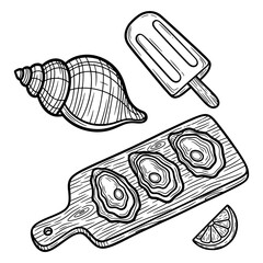 Seafood and summer treats, featuring oysters, seashell, popsicle, and lemon