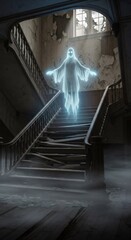 Pale ghost spirit in tattered clothes floating above broken staircase in abandoned haunted house, spooky Halloween scenario