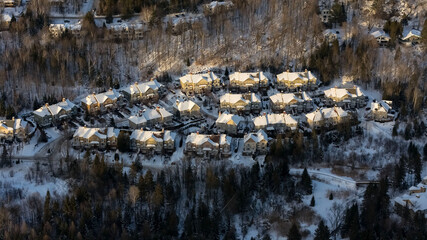 Snowy Serenity: A Stunning Aerial View of a Peaceful Canadian Town in Winter